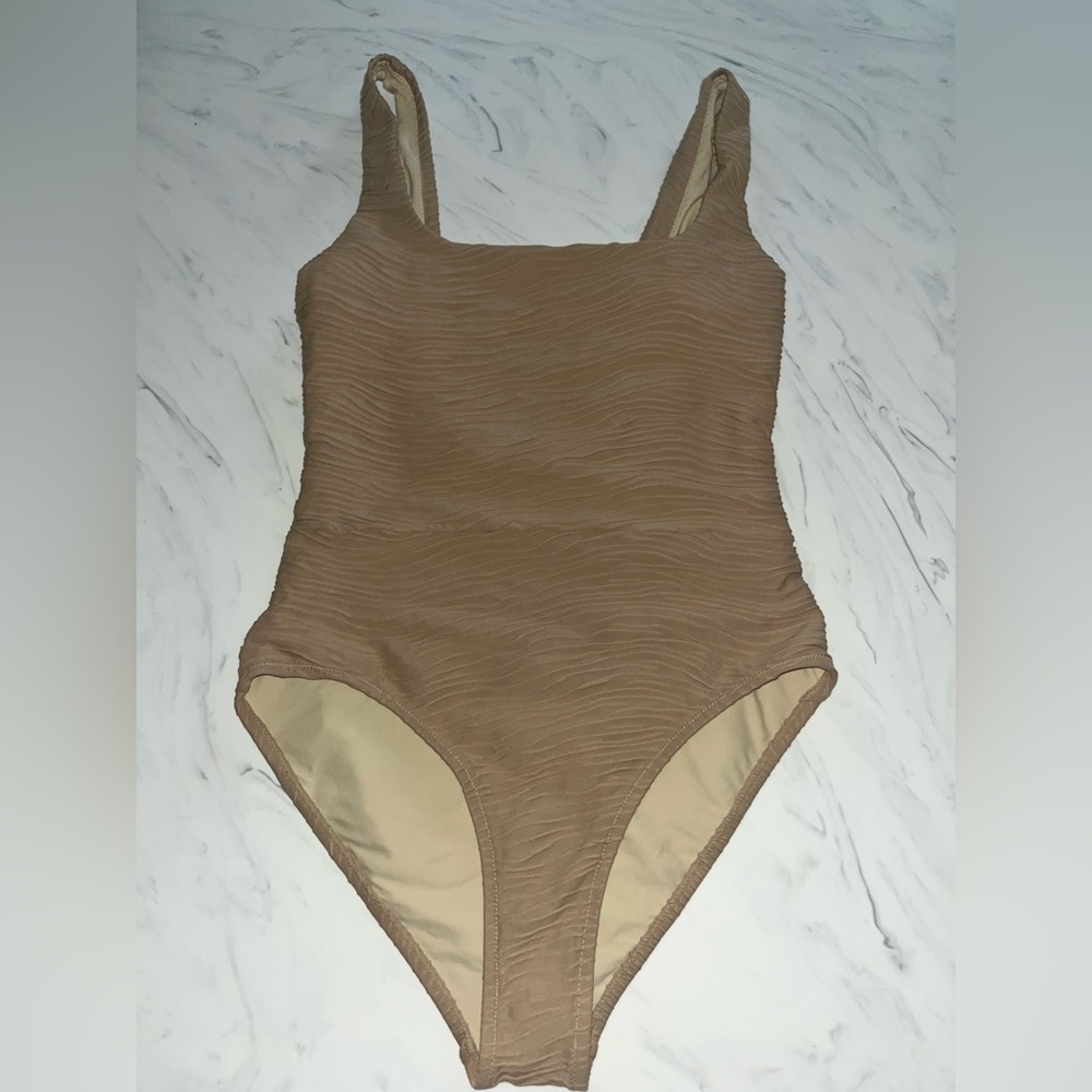 Varley tan ribbed textured stripe square neck one piece Swimsuit s swim suit